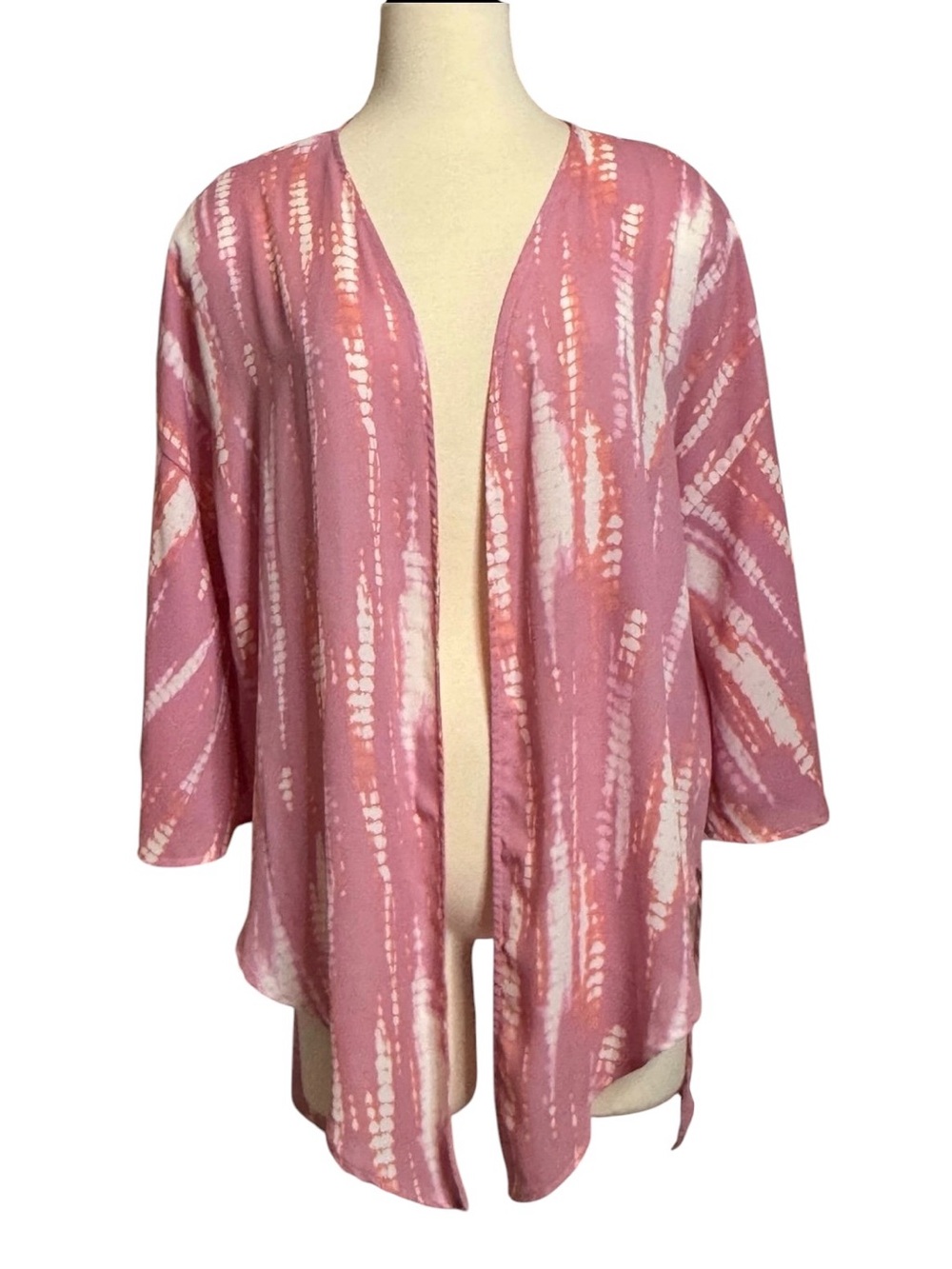 Peach Love California Pink & White Tie-Dye Open Front Kimono